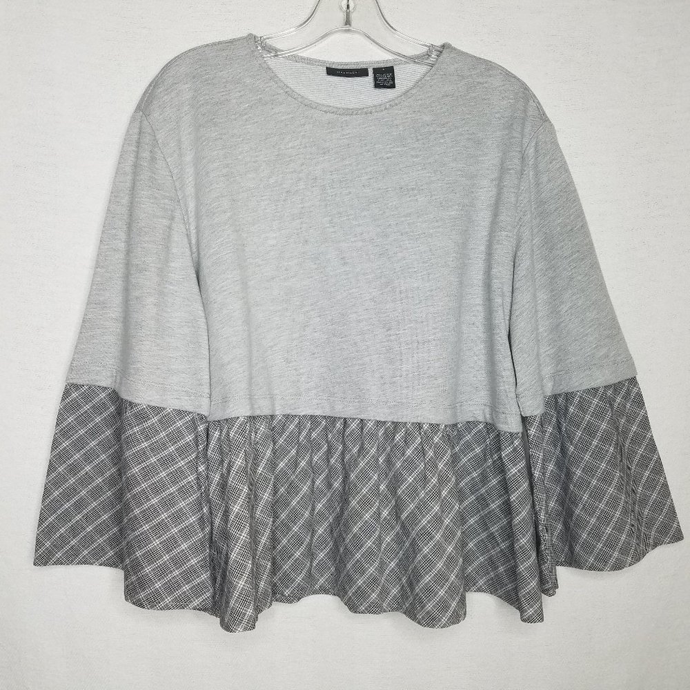 Halogen Mix Knit Woven Top Flowy 3/4 Sleeves‎ Gray